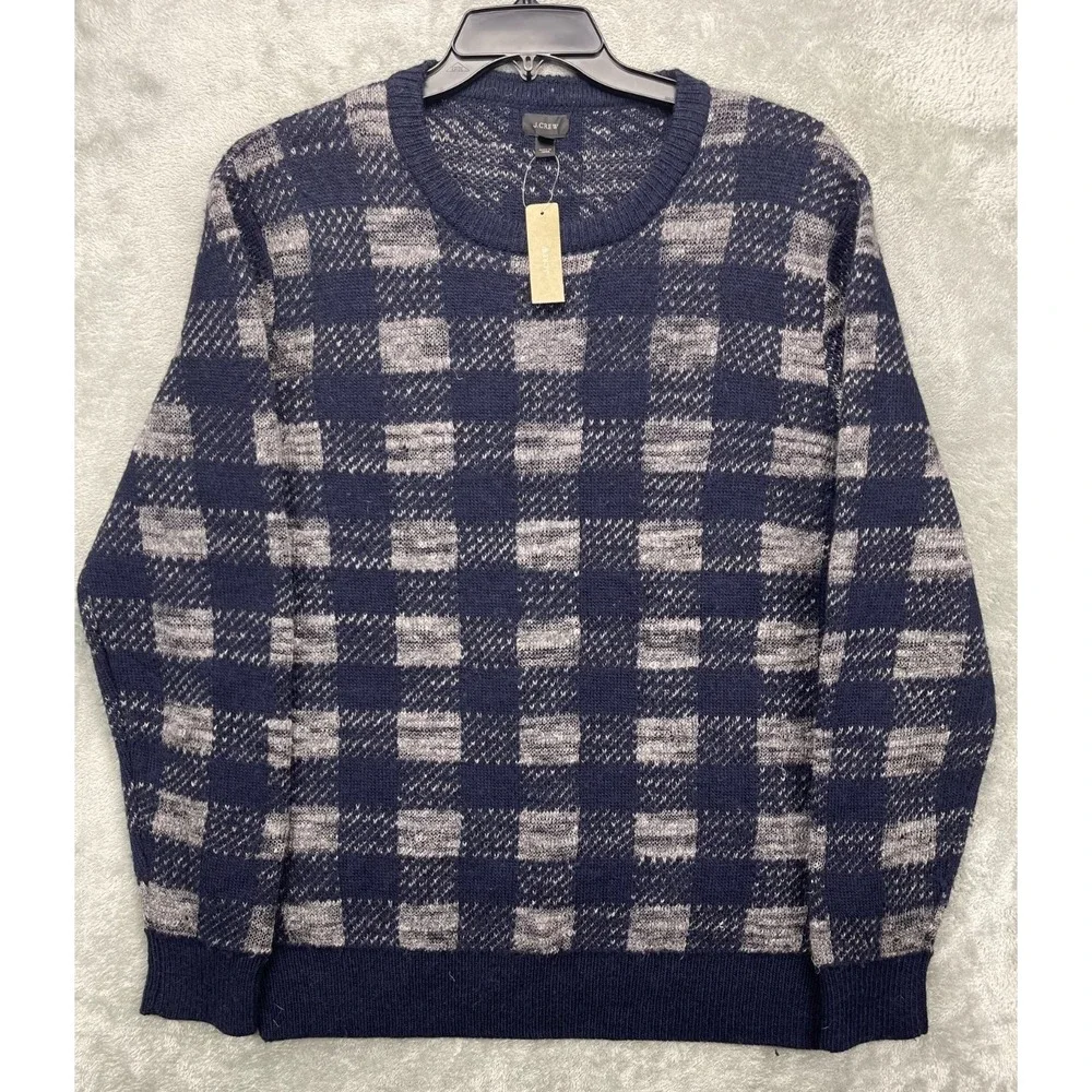 NWT J Crew‎ Men's Sweater Sz L Blue Gray Check Linen Wool Alpaca Long Sleeve